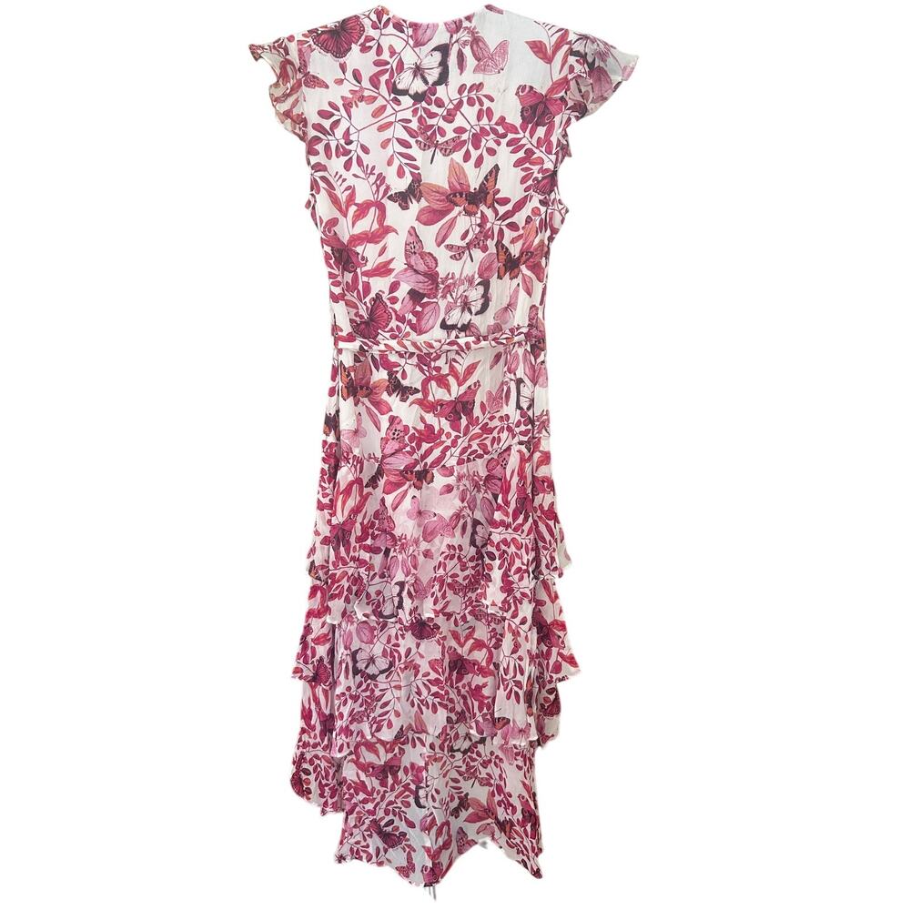 Hale Bob Butterfly Botanical Wrap Dress S Pink Asymmetrical Ruffle High Low Hem - Picture 3 of 6